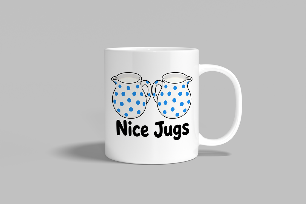 Nice Jugs funny mug, white 11oz ceramic novelty gift, front view