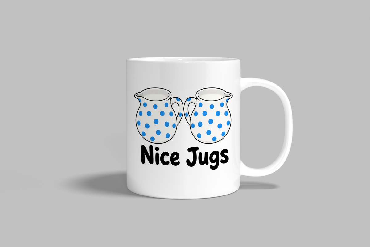 Nice Jugs funny mug, white 11oz ceramic novelty gift, front view