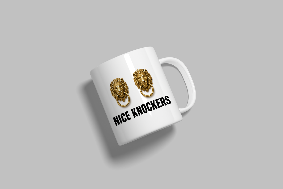 Nice Knockers funny mug, white 11oz ceramic novelty gift, angled side view