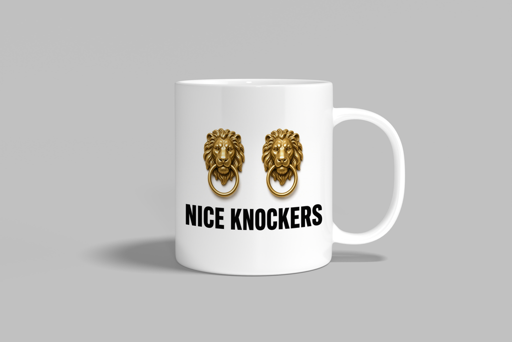 Nice Knockers funny mug, white 11oz ceramic novelty gift, front view