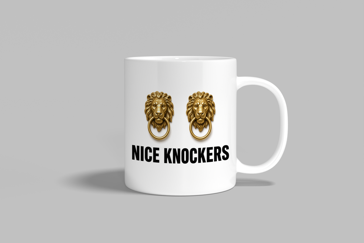 Nice Knockers funny mug, white 11oz ceramic novelty gift, front view