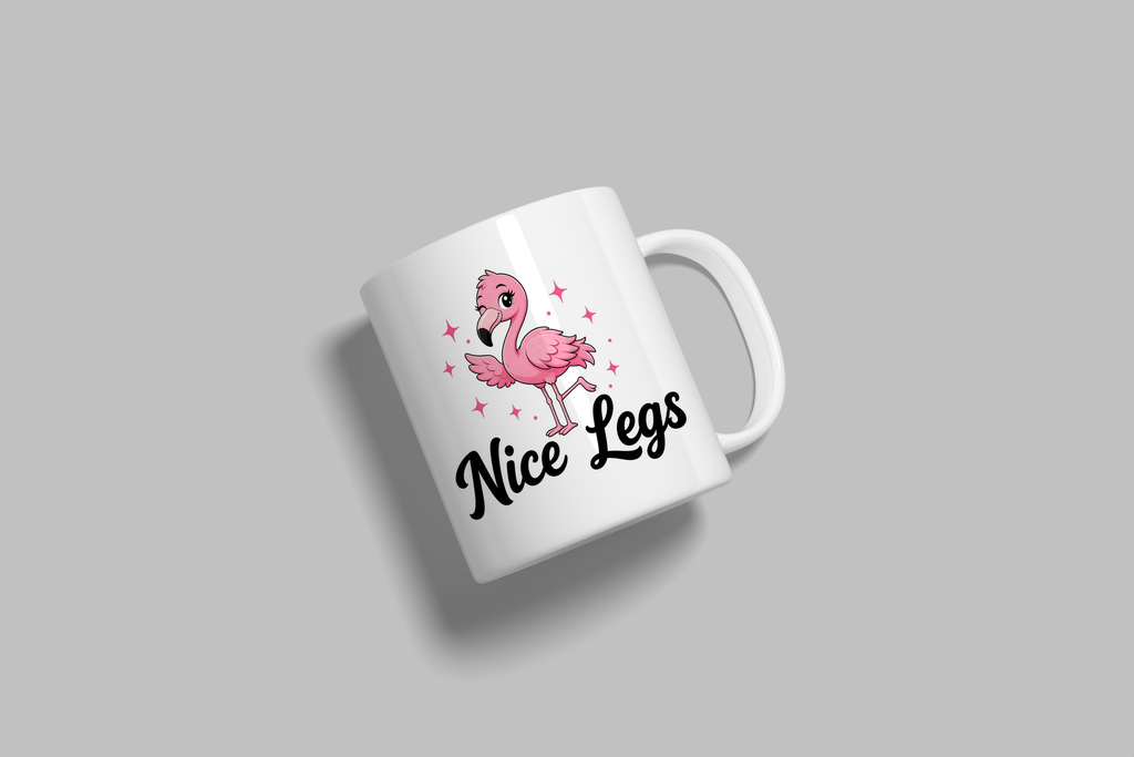 Nice Legs funny mug, white 11oz ceramic novelty gift, angled side view