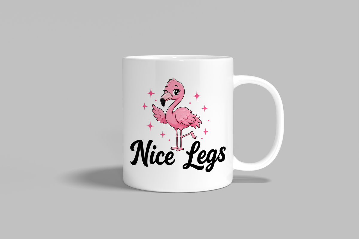 Nice Legs funny mug, white 11oz ceramic novelty gift, front view