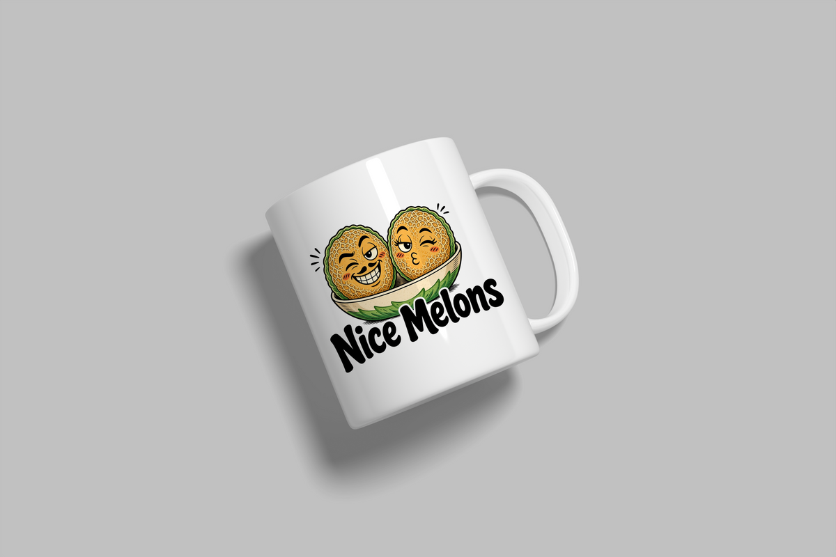 Nice Melons funny mug, white 11oz ceramic novelty gift, angled side view
