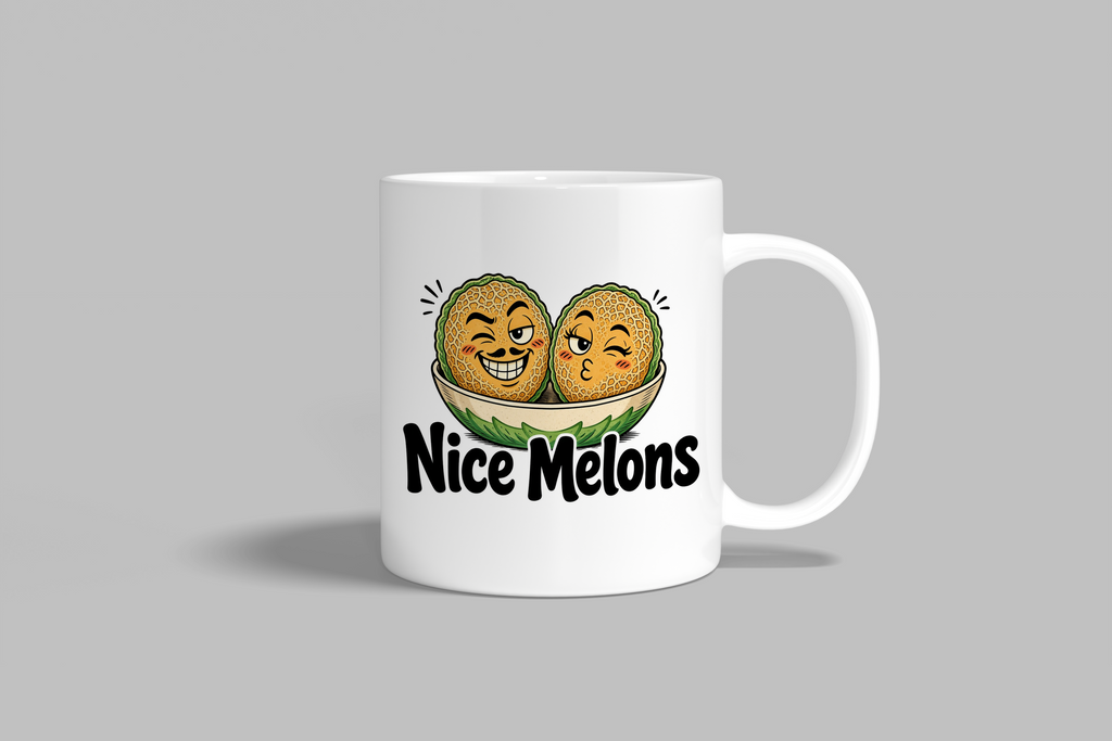 Nice Melons funny mug, white 11oz ceramic novelty gift, front view