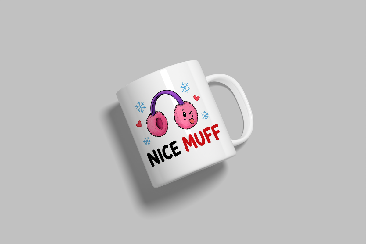 Nice Muff funny mug, white 11oz ceramic novelty gift, angled side view