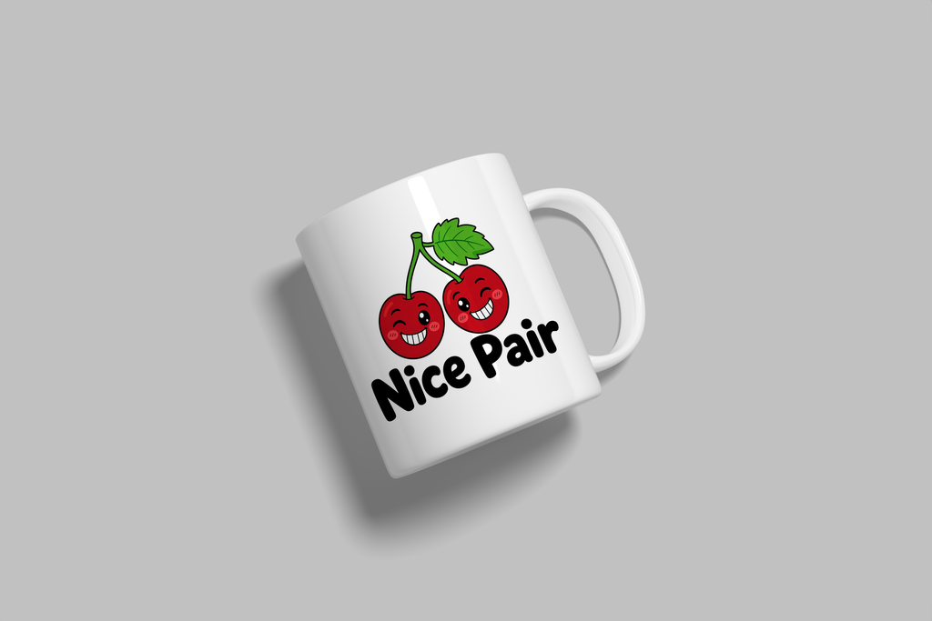 Nice Pair funny mug, white 11oz ceramic novelty gift, angled side view