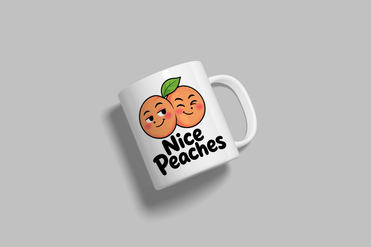 Nice Peaches funny mug, white 11oz ceramic novelty gift, angled side view