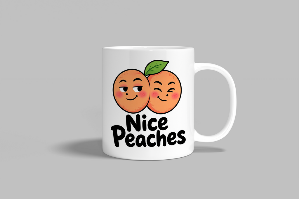 Nice Peaches funny mug, white 11oz ceramic novelty gift, front view