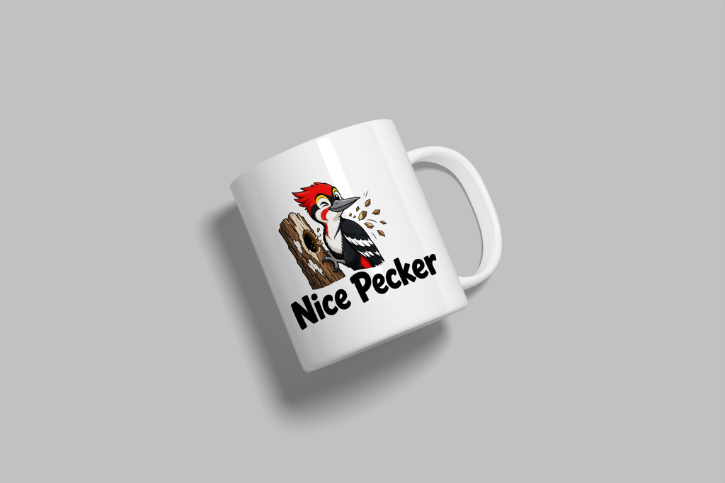Nice Pecker funny mug, white 11oz ceramic novelty gift, angled side view