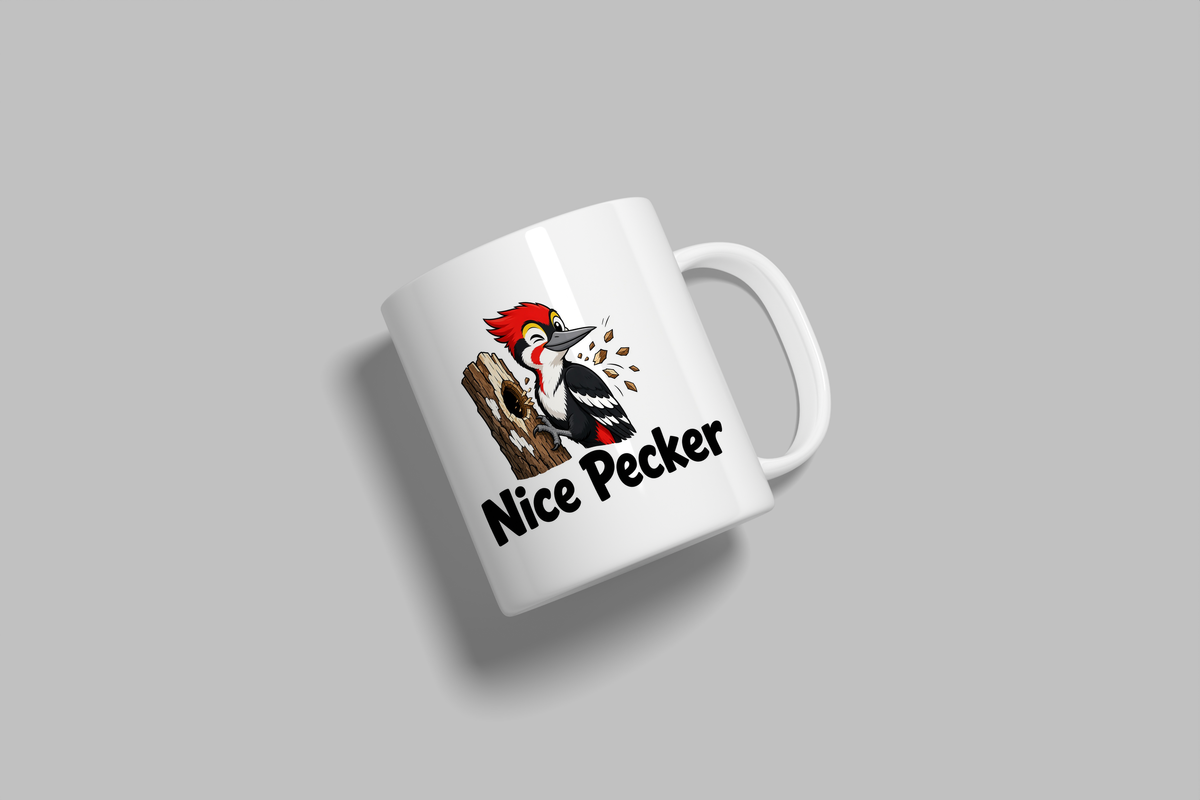 Nice Pecker funny mug, white 11oz ceramic novelty gift, angled side view
