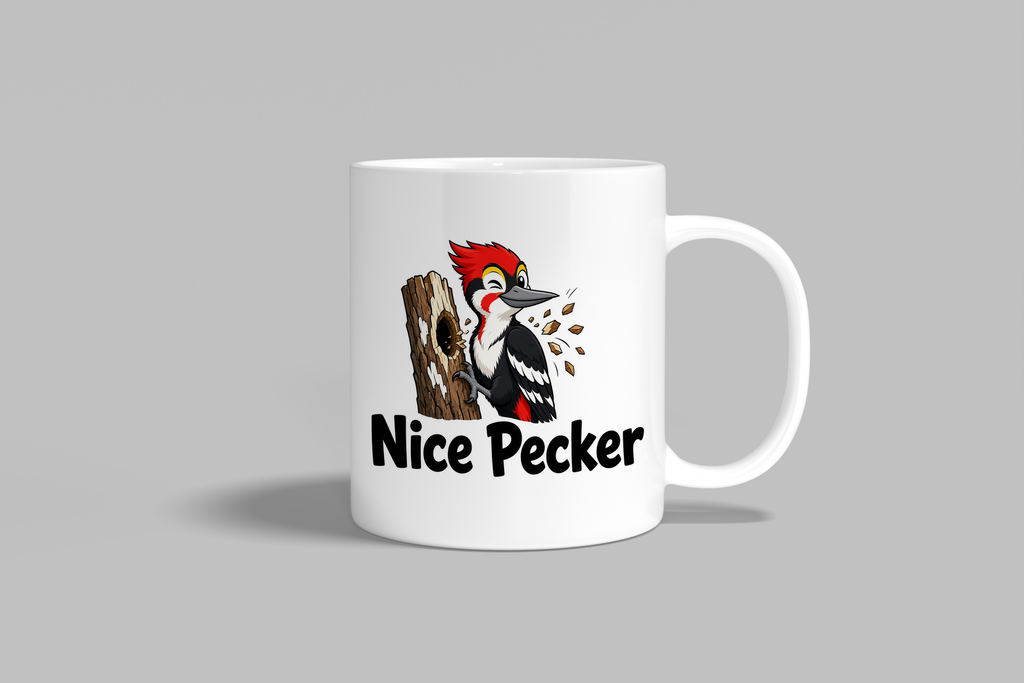 Nice Pecker funny mug, white 11oz ceramic novelty gift, front view