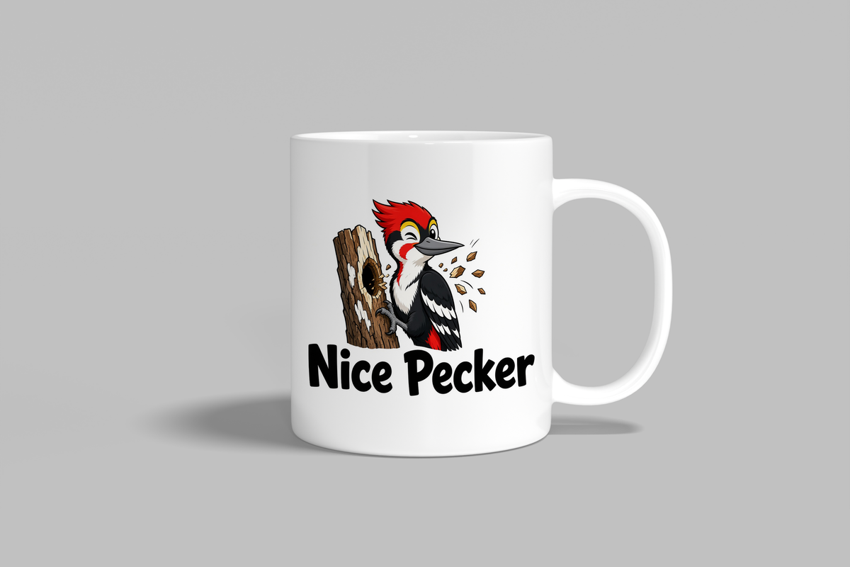 Nice Pecker funny mug, white 11oz ceramic novelty gift, front view