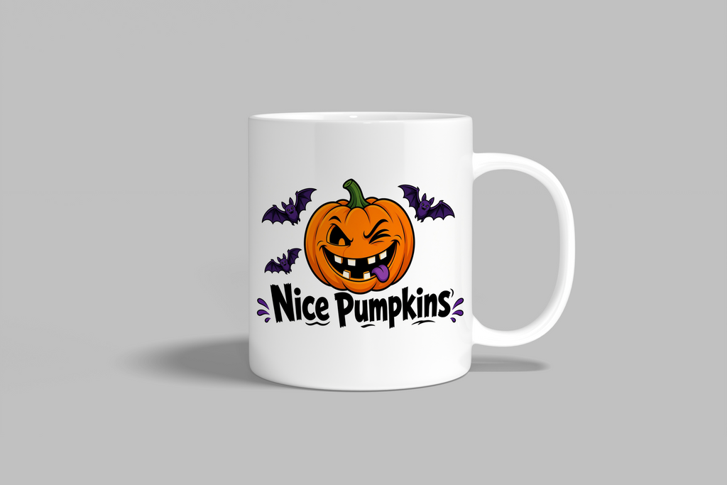 Nice Pumpkins funny mug, white 11oz ceramic novelty gift, front view