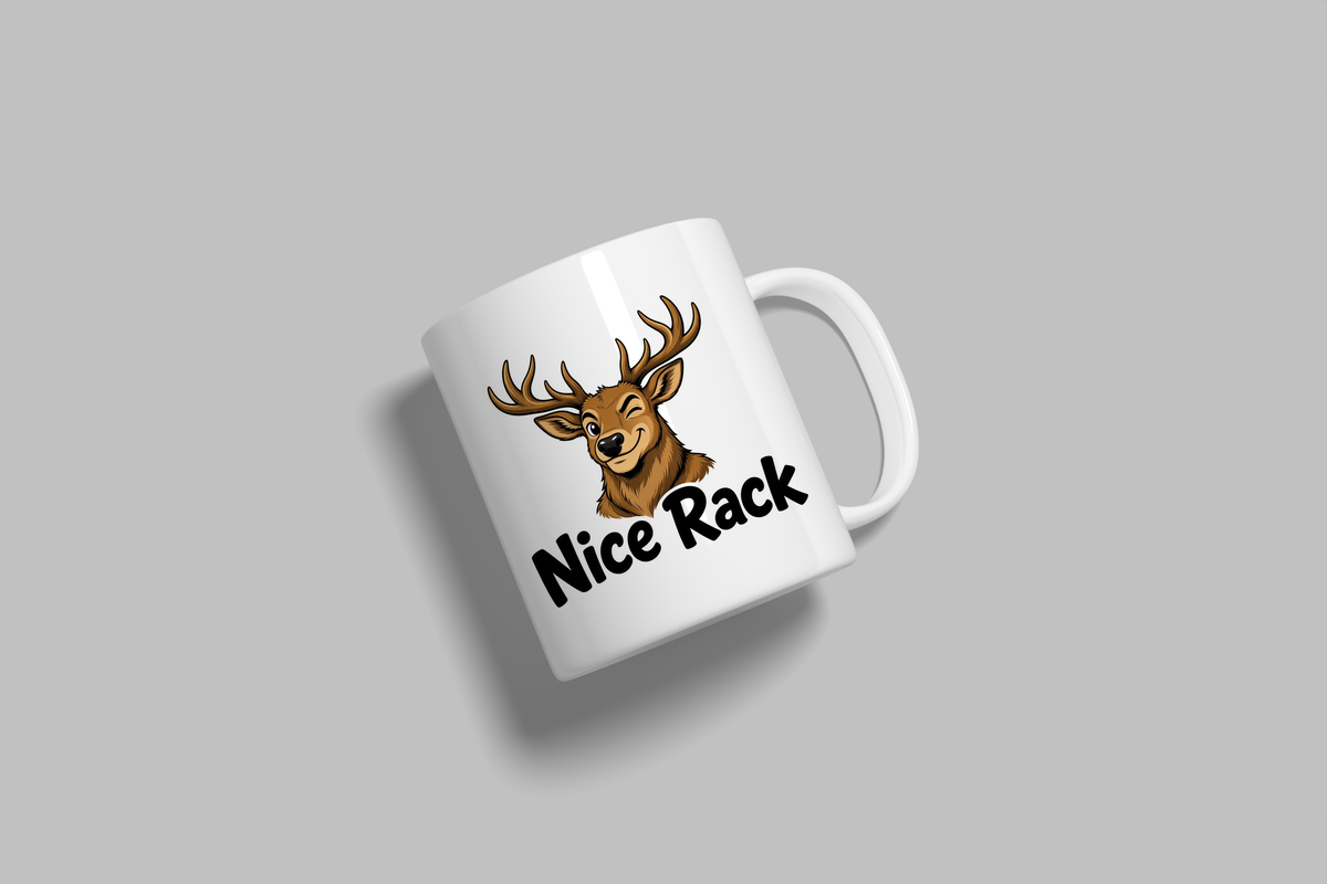 Nice Rack funny mug, white 11oz ceramic novelty gift, angled side view