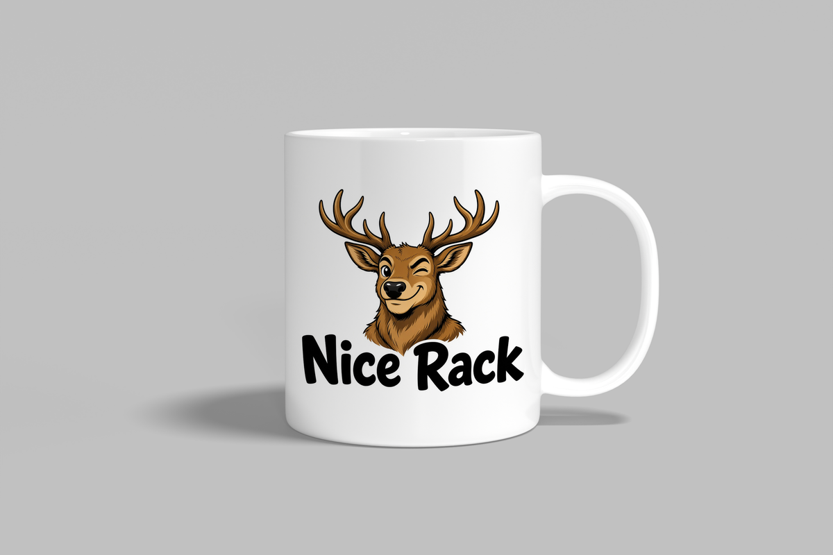 Nice Rack funny mug, white 11oz ceramic novelty gift, front view