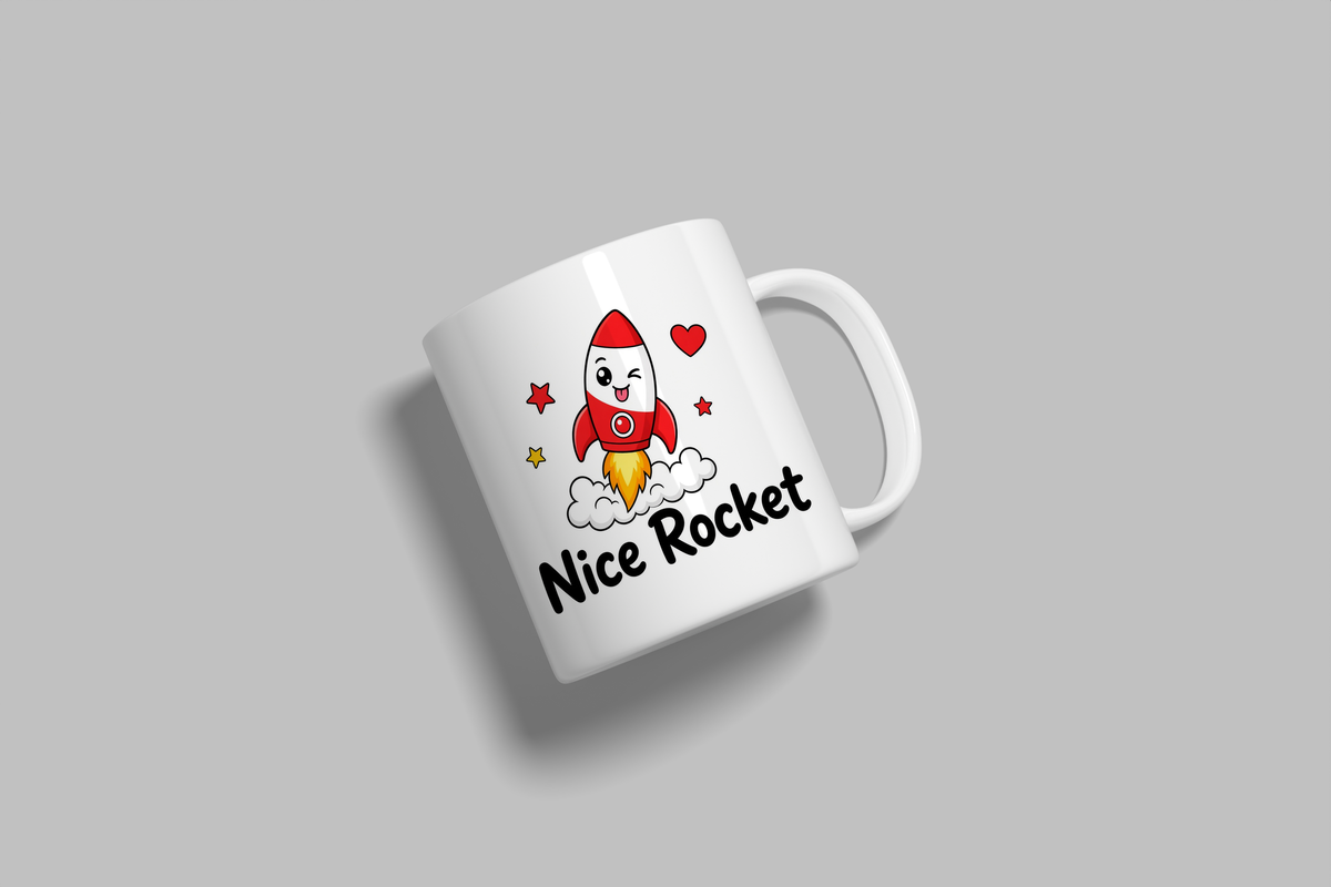 Nice Rocket funny mug, white 11oz ceramic novelty gift, angled side view