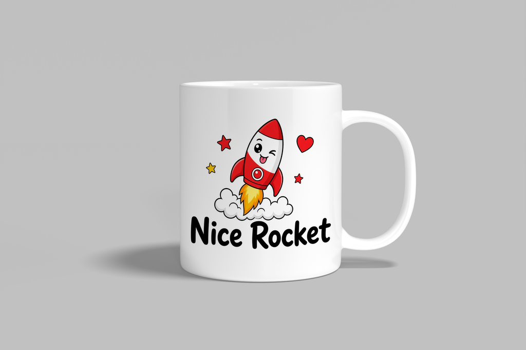 Nice Rocket funny mug, white 11oz ceramic novelty gift, front view