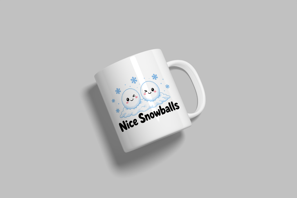 Nice Snowballs funny mug, white 11oz ceramic novelty gift, angled side view