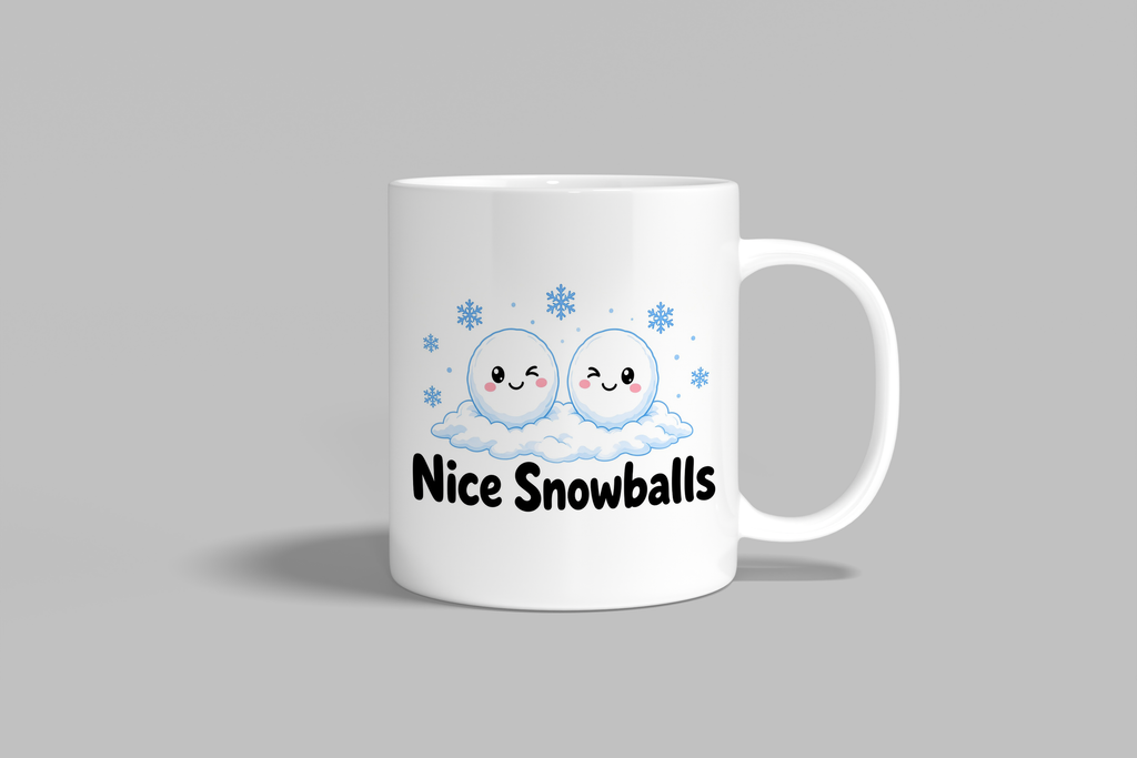 Nice Snowballs funny mug, white 11oz ceramic novelty gift, front view
