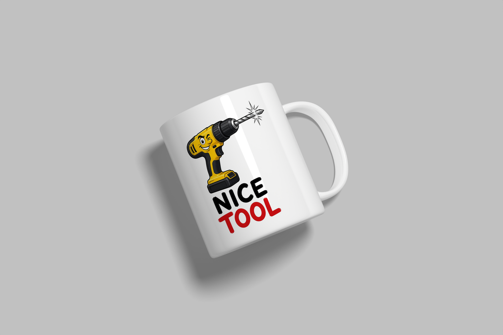 Nice Tool funny mug, white 11oz ceramic novelty gift, angled side view