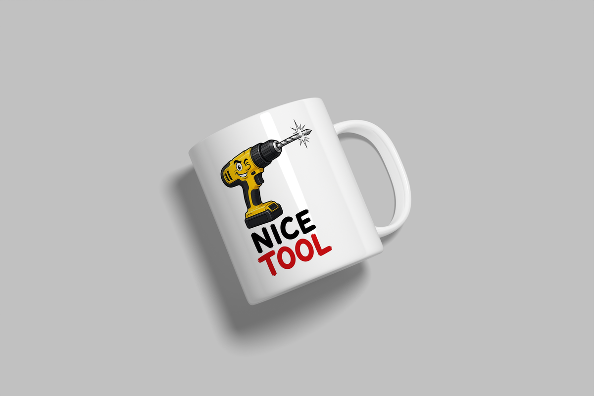 Nice Tool funny mug, white 11oz ceramic novelty gift, angled side view