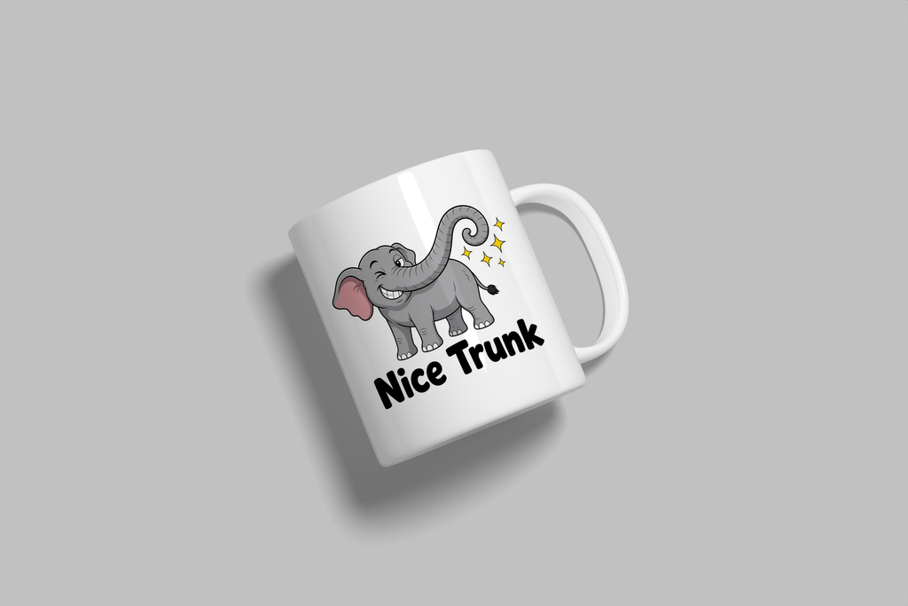 Nice Trunk funny mug, white 11oz ceramic novelty gift, angled side view