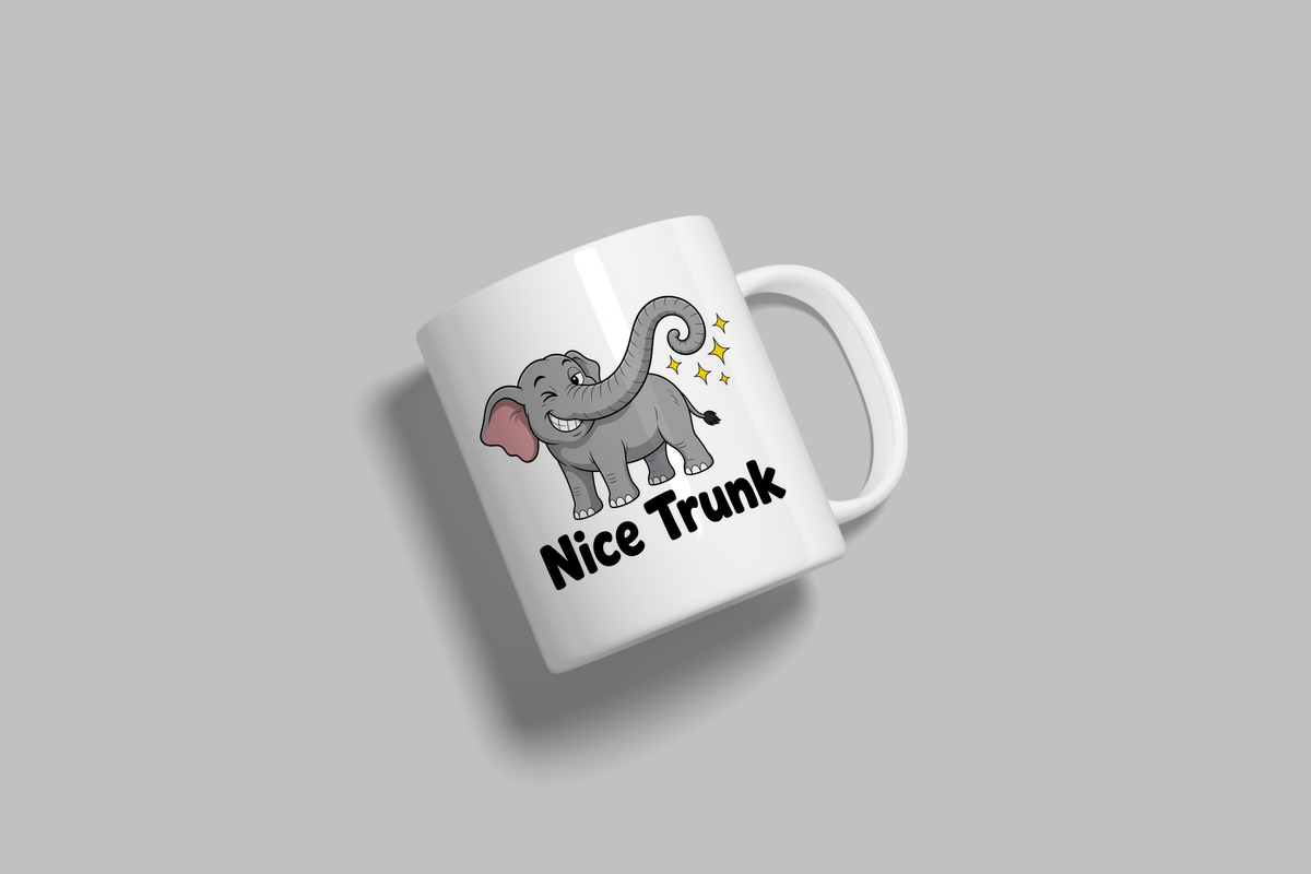 Nice Trunk funny mug, white 11oz ceramic novelty gift, angled side view