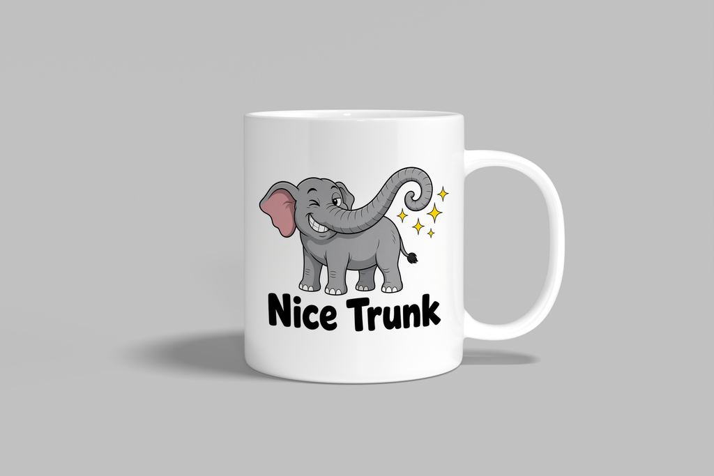 Nice Trunk funny mug, white 11oz ceramic novelty gift, front view