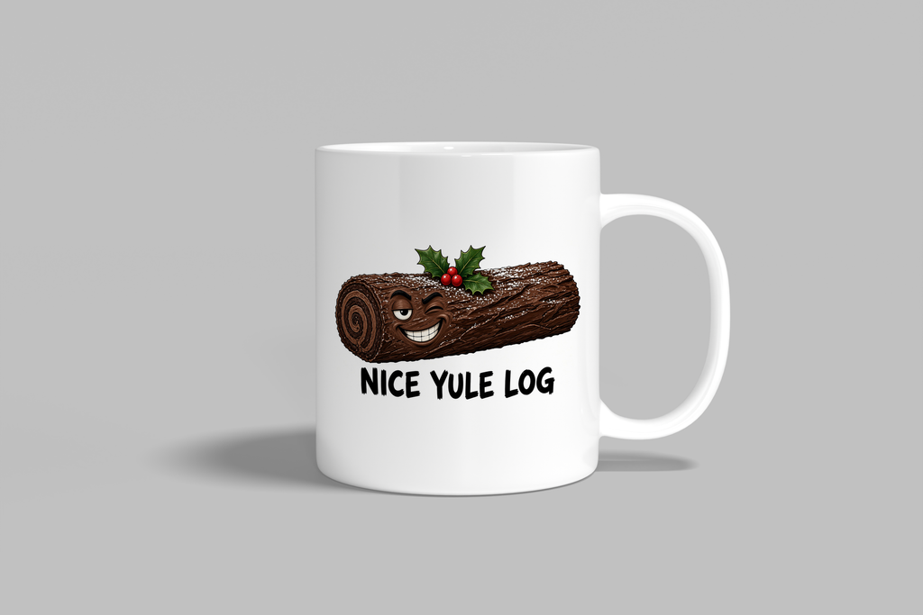 Nice Yule Log funny mug, white 11oz ceramic novelty gift, front view