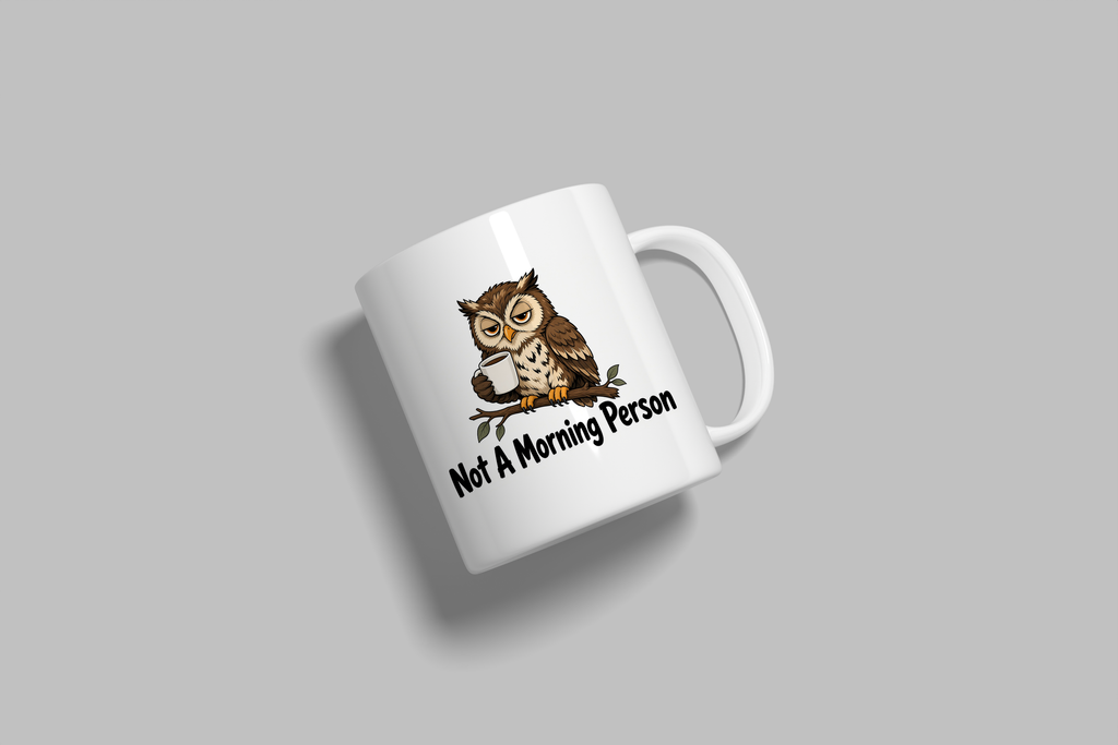 Not A Morning Person funny mug, white 11oz ceramic novelty gift, angled side view