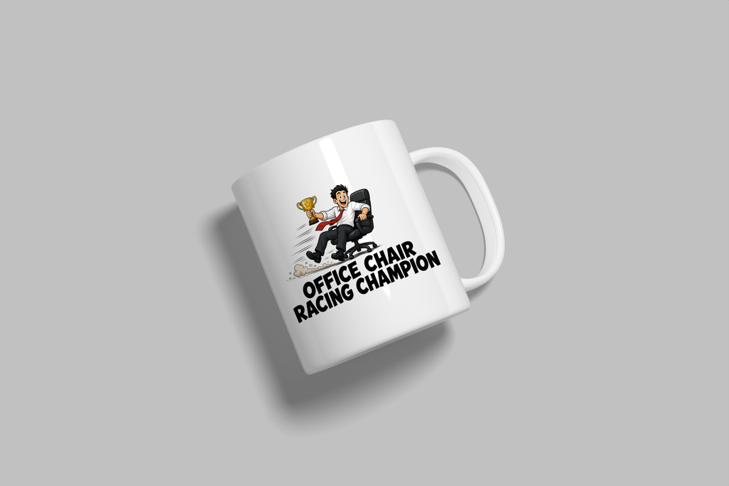 Office Chair Racing Champion funny mug, white 11oz ceramic novelty gift, angled side view