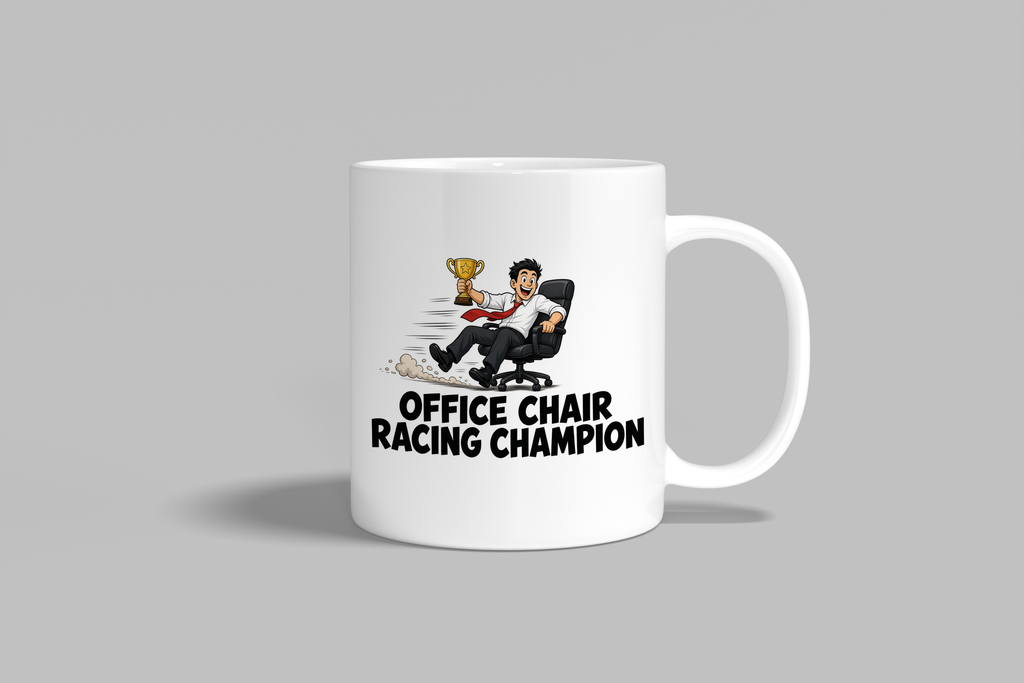 Office Chair Racing Champion funny mug, white 11oz ceramic novelty gift, front view