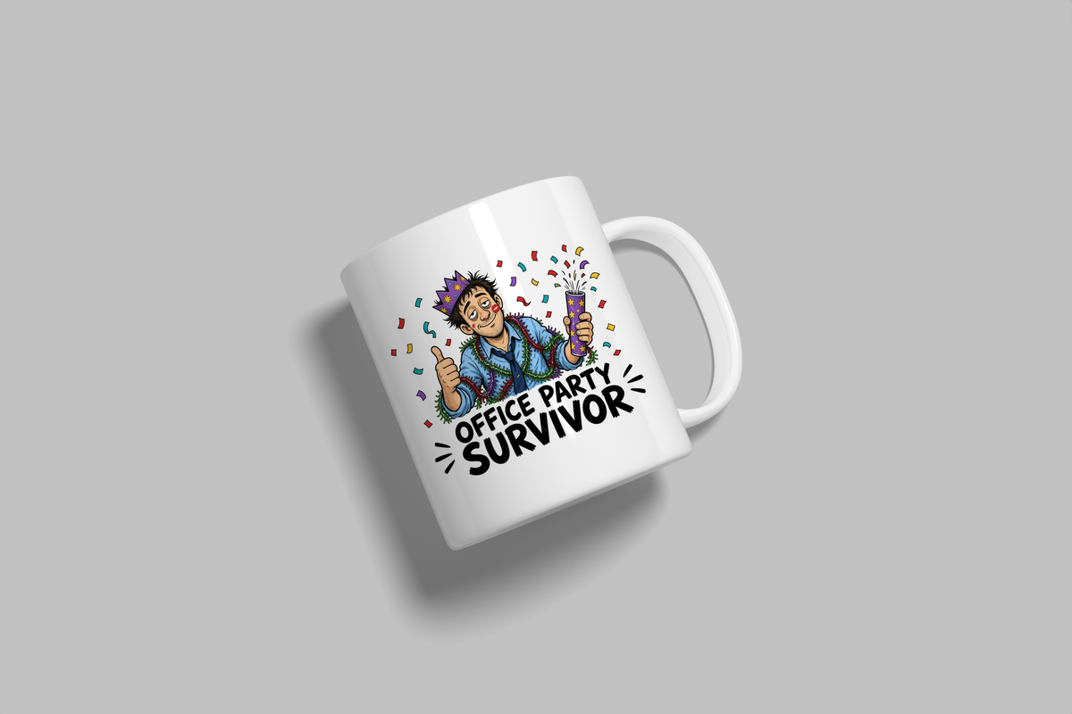 Office Party Survivor funny mug, white 11oz ceramic novelty gift, angled side view