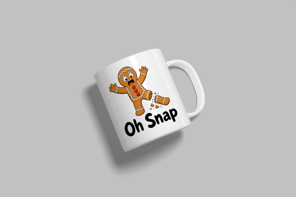 Oh Snap funny mug, white 11oz ceramic novelty gift, angled side view