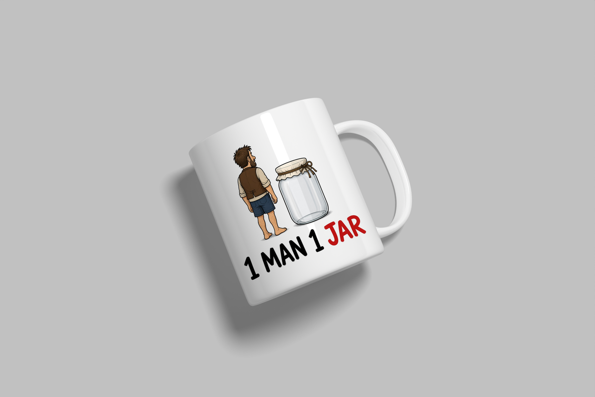 1 Man 1 Jar funny mug, white 11oz ceramic novelty gift, angled side view
