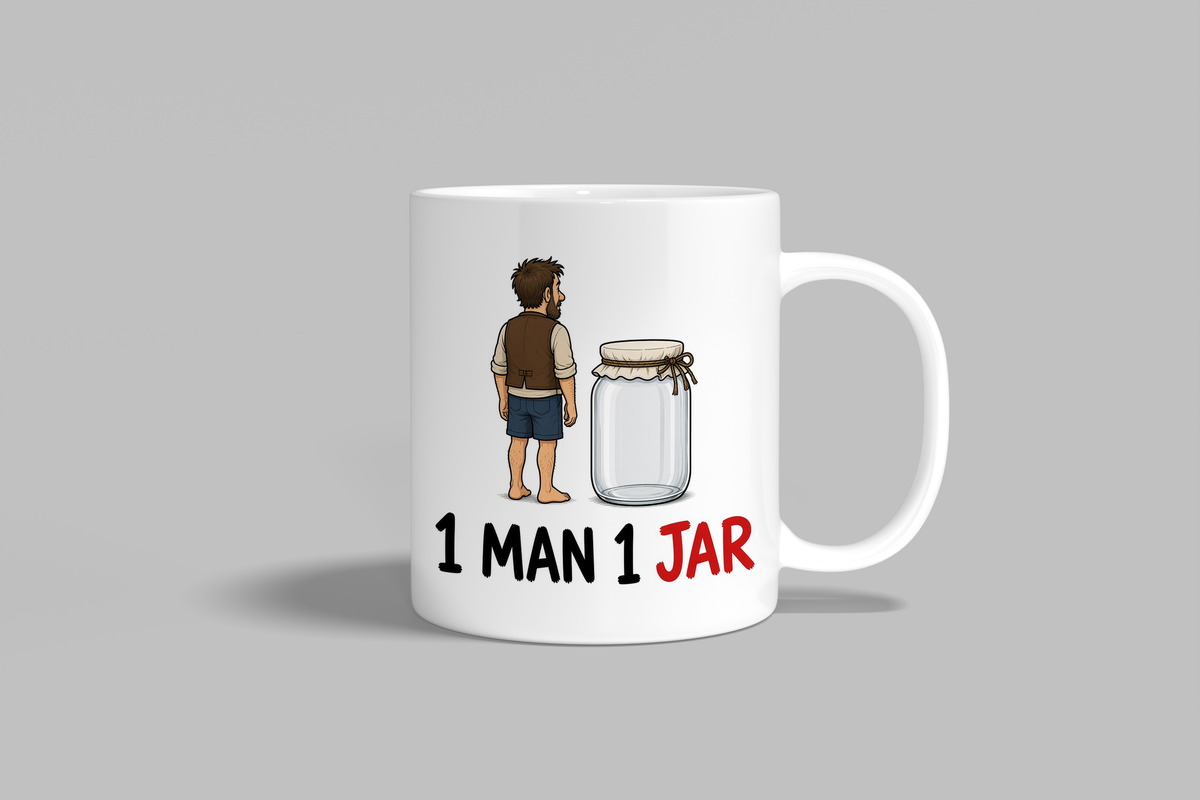 1 Man 1 Jar funny mug, white 11oz ceramic novelty gift, front view