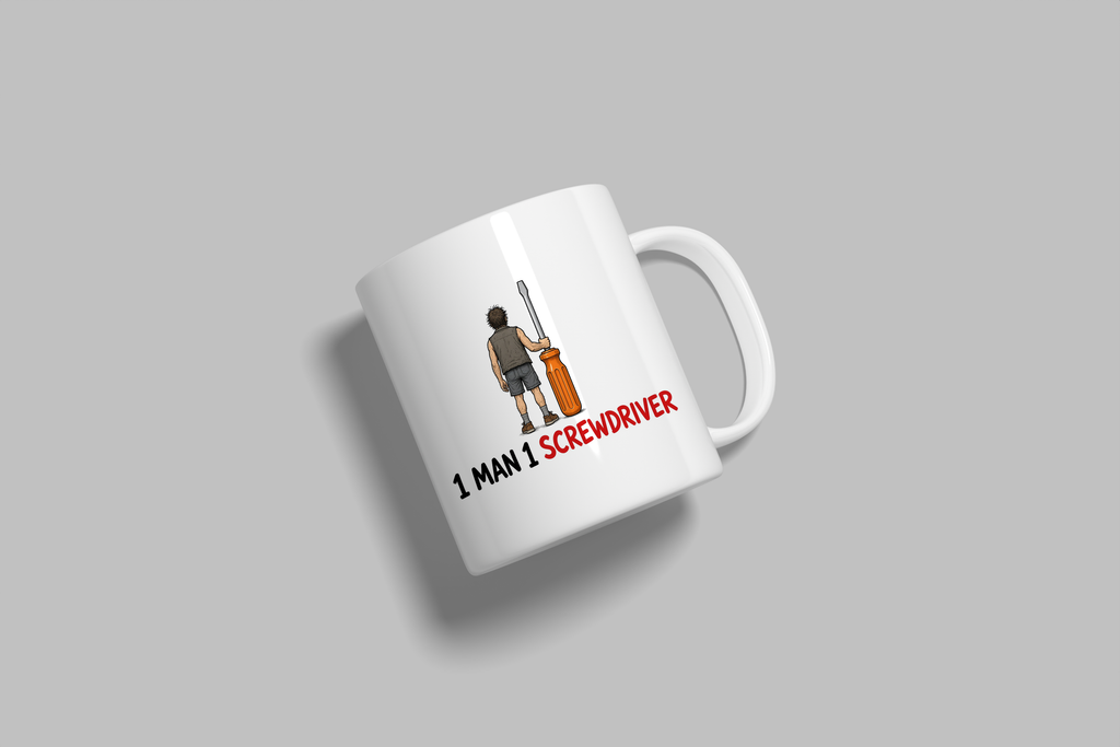 1 Man 1 Screwdriver funny mug, white 11oz ceramic novelty gift, angled side view
