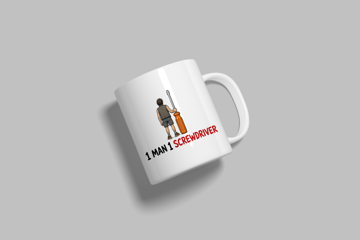 1 Man 1 Screwdriver funny mug, white 11oz ceramic novelty gift, angled side view