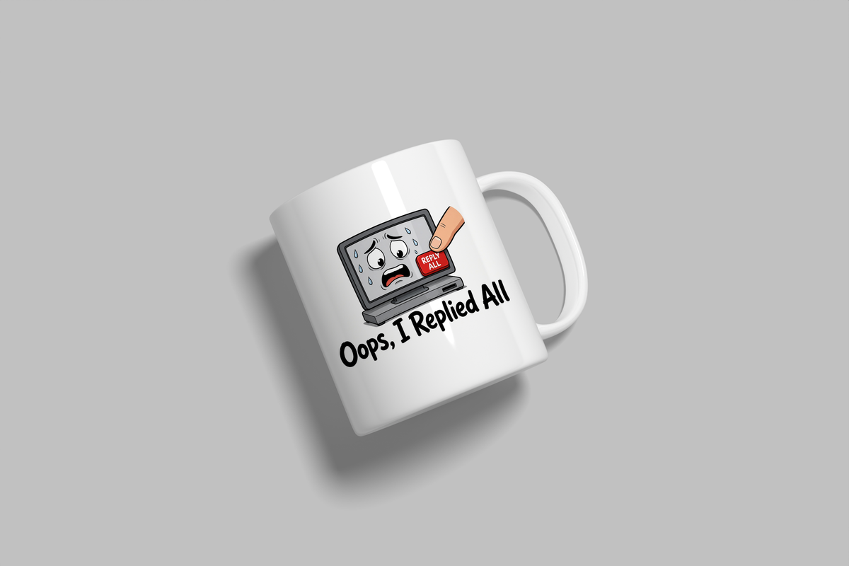 Oops, I Replied All funny mug, white 11oz ceramic novelty gift, angled side view