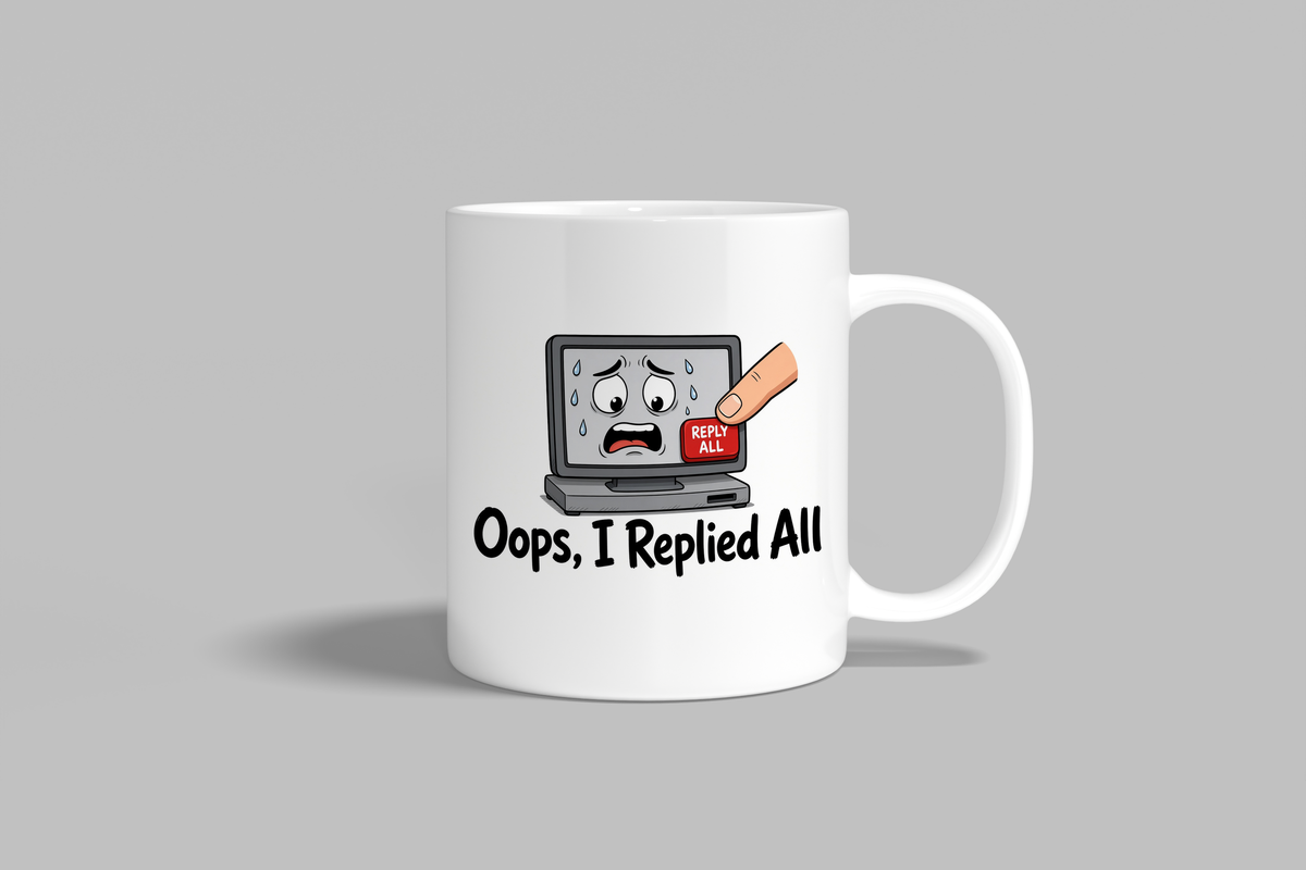 Oops, I Replied All funny mug, white 11oz ceramic novelty gift, front view