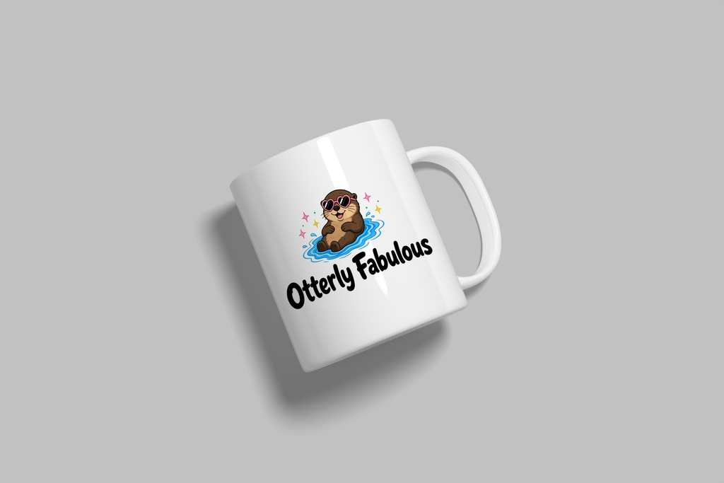 Otterly Fabulous funny mug, white 11oz ceramic novelty gift, angled side view