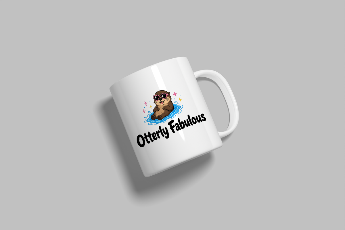 Otterly Fabulous funny mug, white 11oz ceramic novelty gift, angled side view