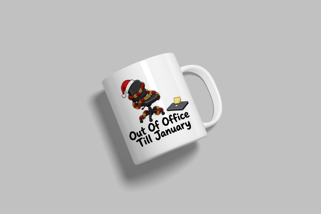 Out Of Office Till January funny mug, white 11oz ceramic novelty gift, angled side view