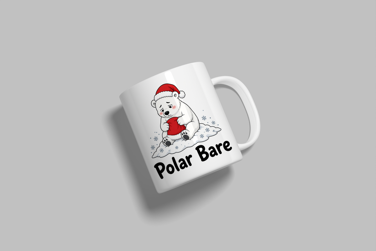 Polar Bare funny mug, white 11oz ceramic novelty gift, angled side view