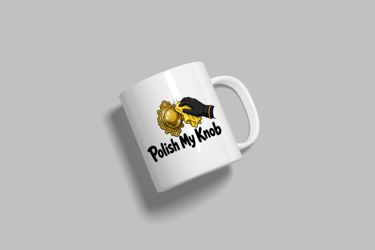 Polish My Knob funny mug, white 11oz ceramic novelty gift, angled side view