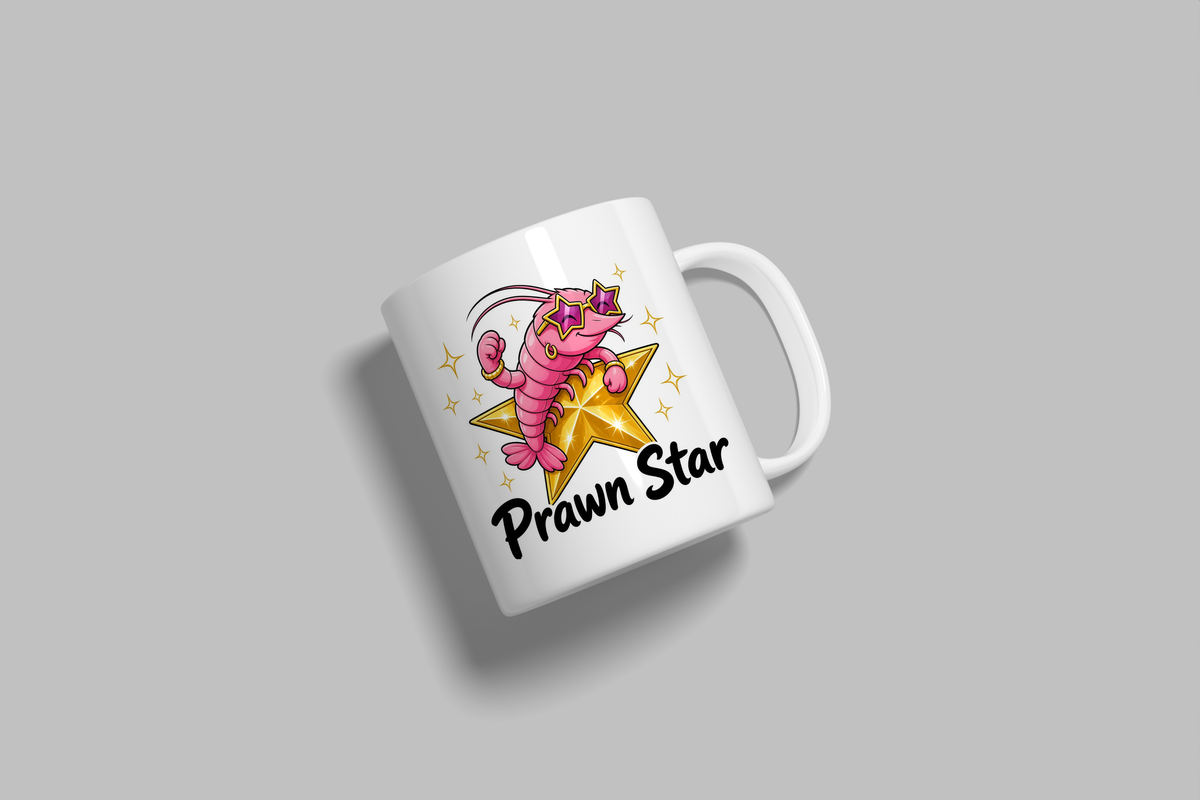Prawn Star funny mug, white 11oz ceramic novelty gift, angled side view