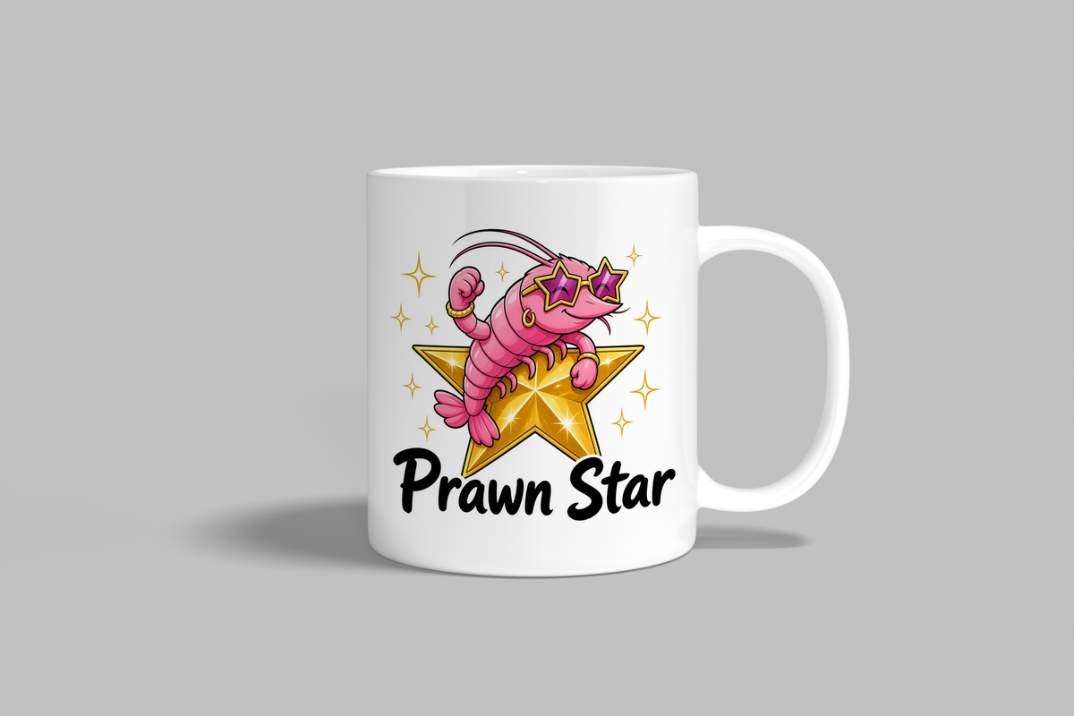 Prawn Star funny mug, white 11oz ceramic novelty gift, front view