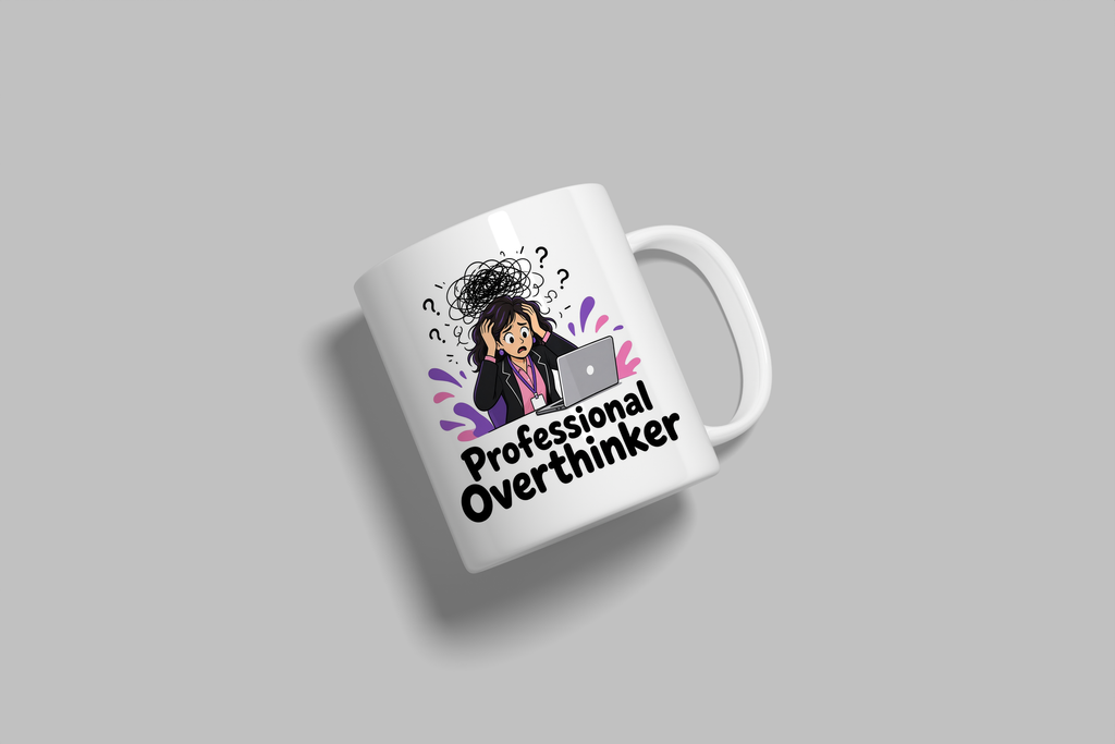 Professional Overthinker funny mug, white 11oz ceramic novelty gift, angled side view