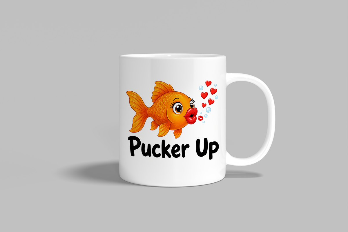 Pucker Up funny mug, white 11oz ceramic novelty gift, front view